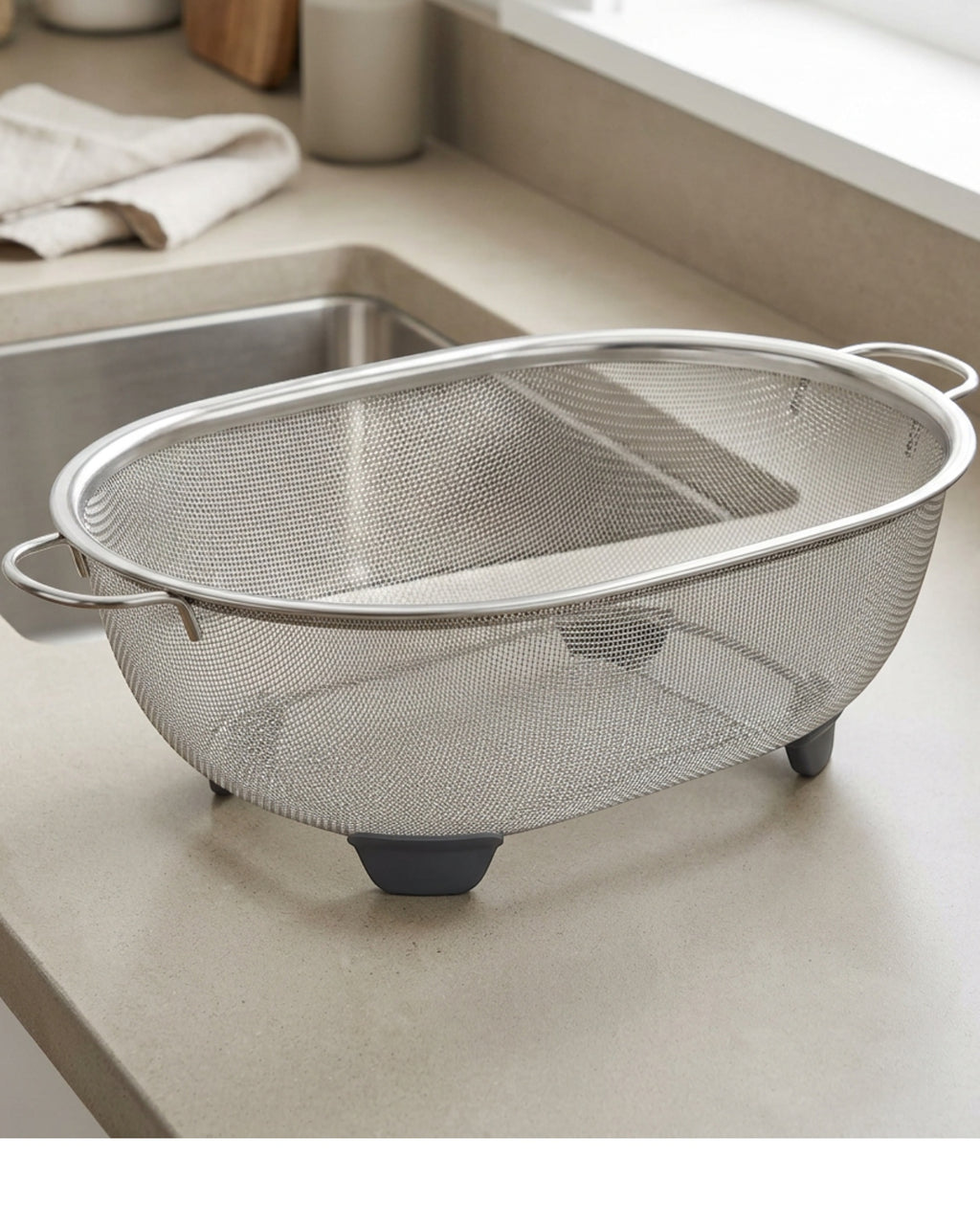 Modusly Footloop Oval Stainless Mesh Draining Basket 12 in - Lifestyle view